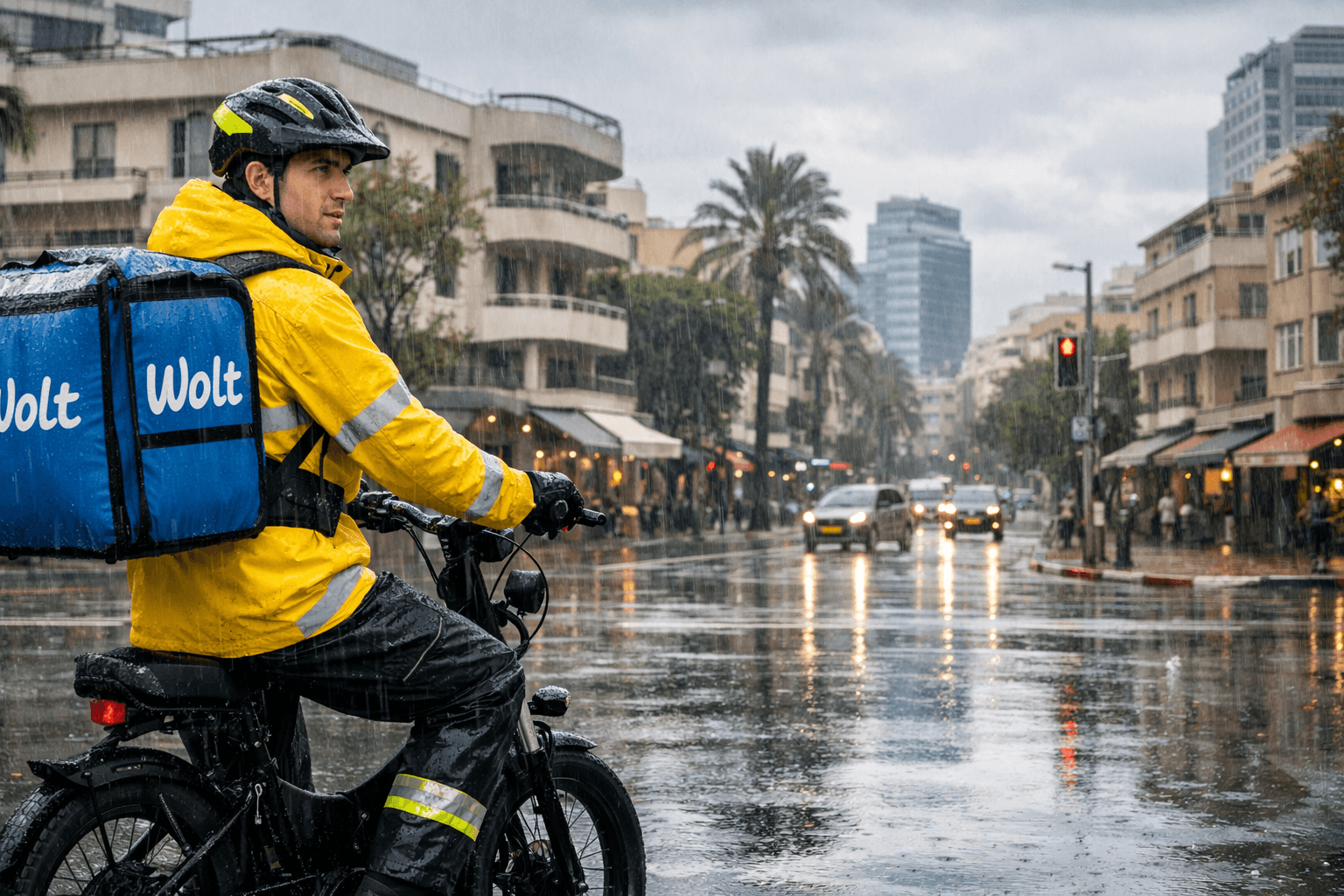 עבודה בוולט בחורף - שליח עם ציוד גשם על קורקינט חשמלי ברחובות תל אביב הגשומים